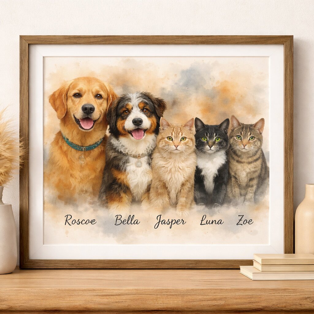 Pet Family Portrait – All Pets Together in One Custom Watercolour Artwork