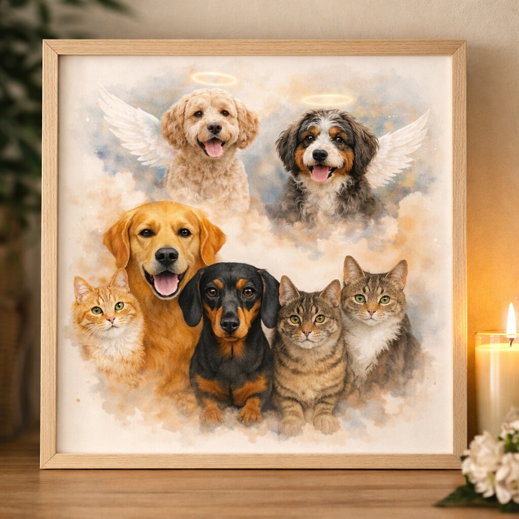 Family of Pets Watercolour Portrait – Combine Living and Deceased Pets in One Custom Pet Memorial Artwork