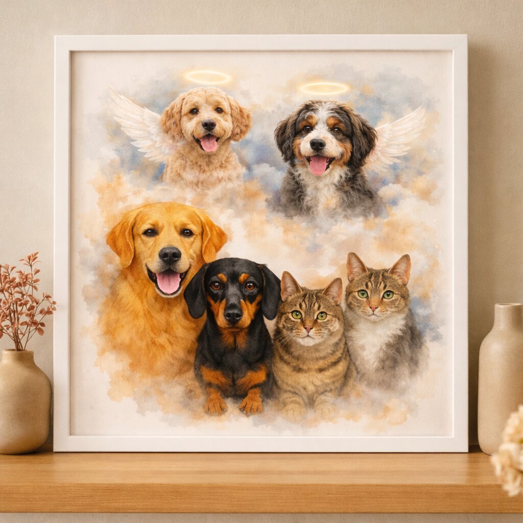 Family of Pets Watercolour Portrait – Combine Living and Deceased Pets in One Custom Pet Memorial Artwork