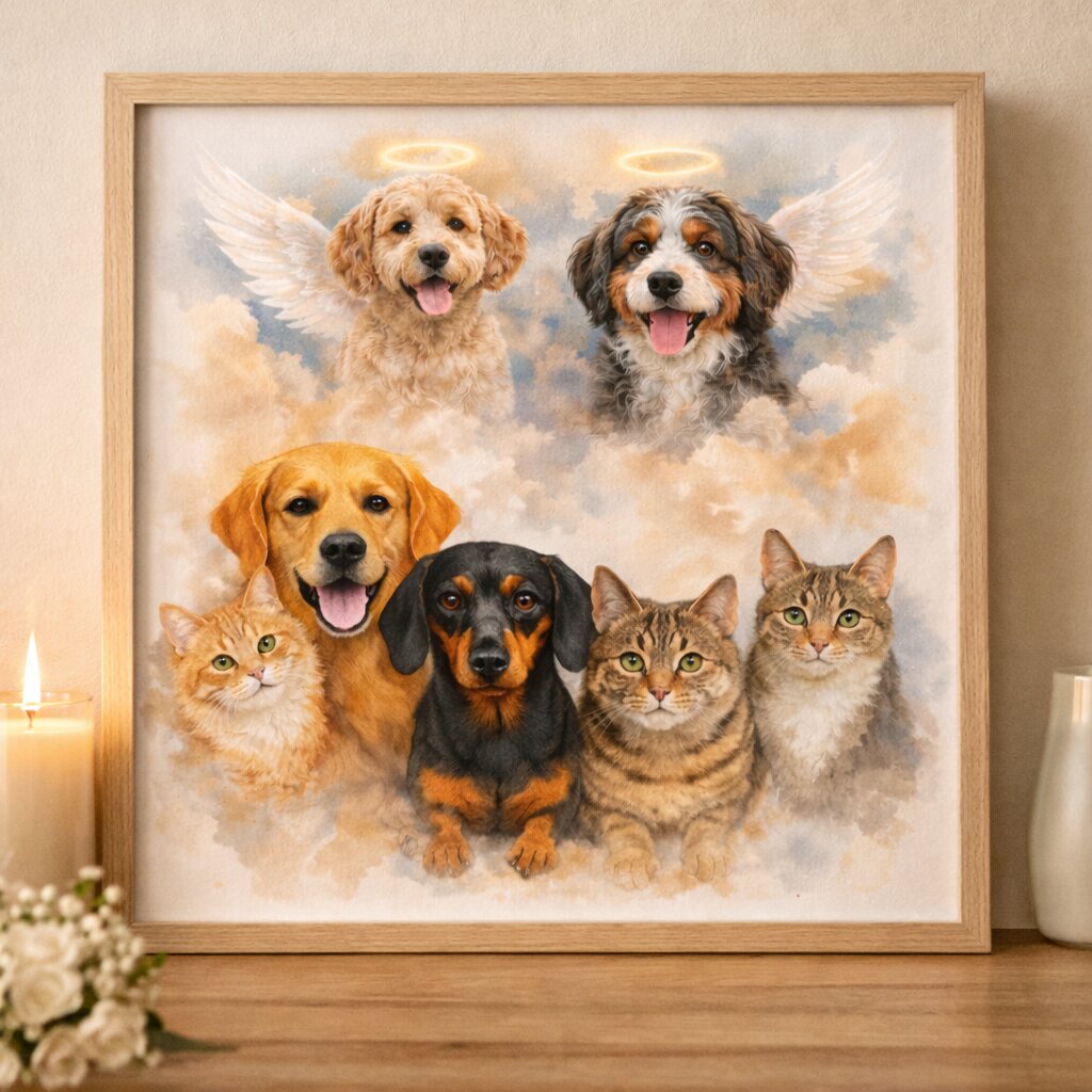 Family of Pets Watercolour Portrait – Combine Living and Deceased Pets in One Custom Pet Memorial Artwork