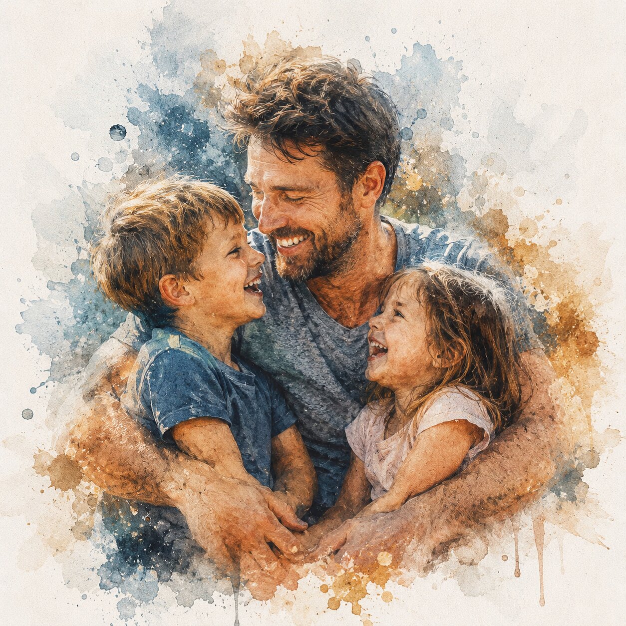 Father's Day Watercolour Portrait - Personalised Dad & Kids Art from Photo