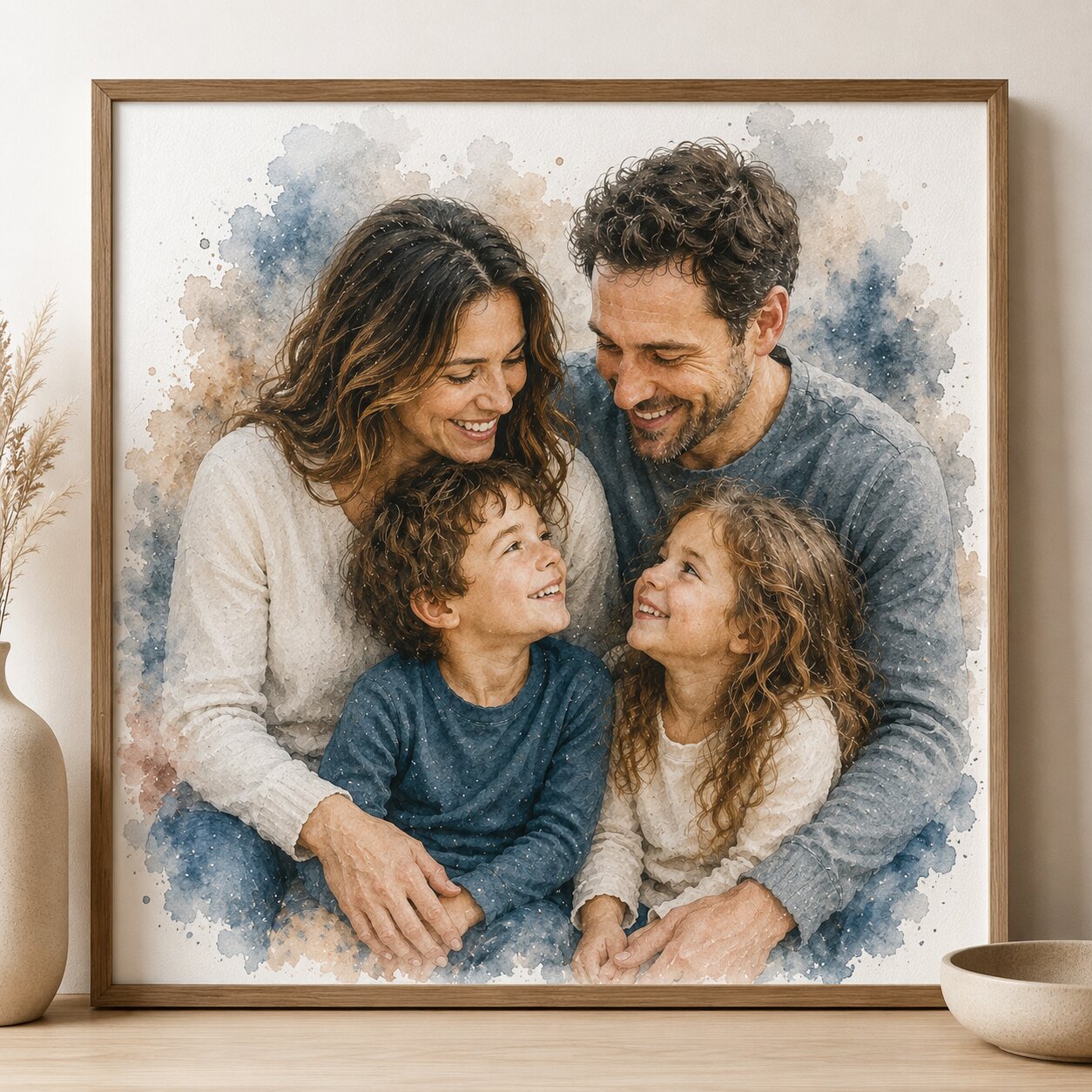 Father's Day Watercolour Portrait - Personalised Dad & Kids Art from Photo