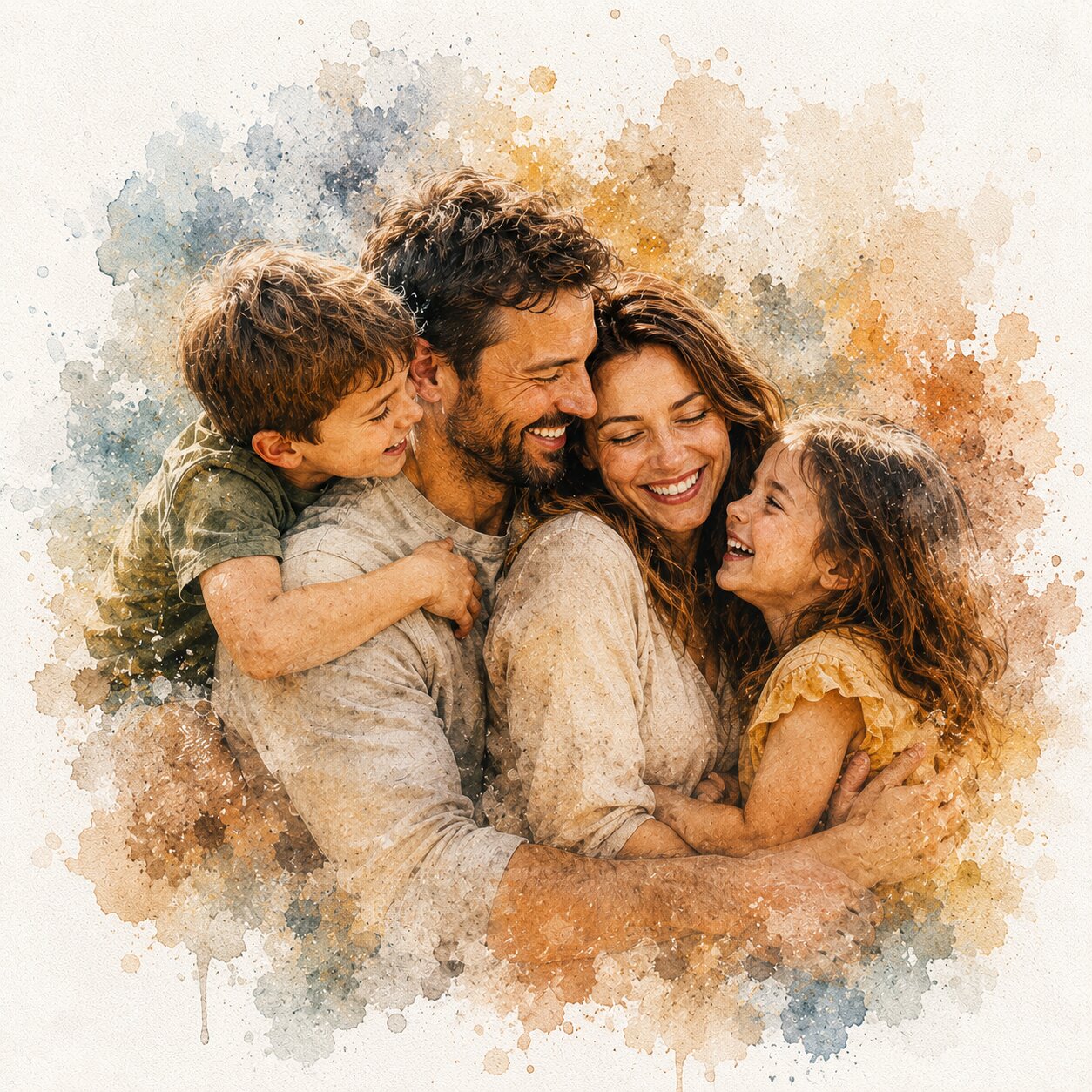Father's Day Watercolour Portrait - Personalised Dad & Kids Art from Photo