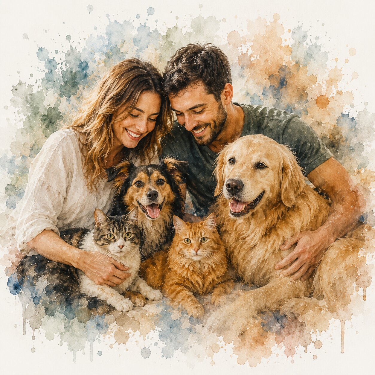Custom Multi Pet Watercolour Portrait from Photo Personalised Dog and Cat Family Pet Artwork