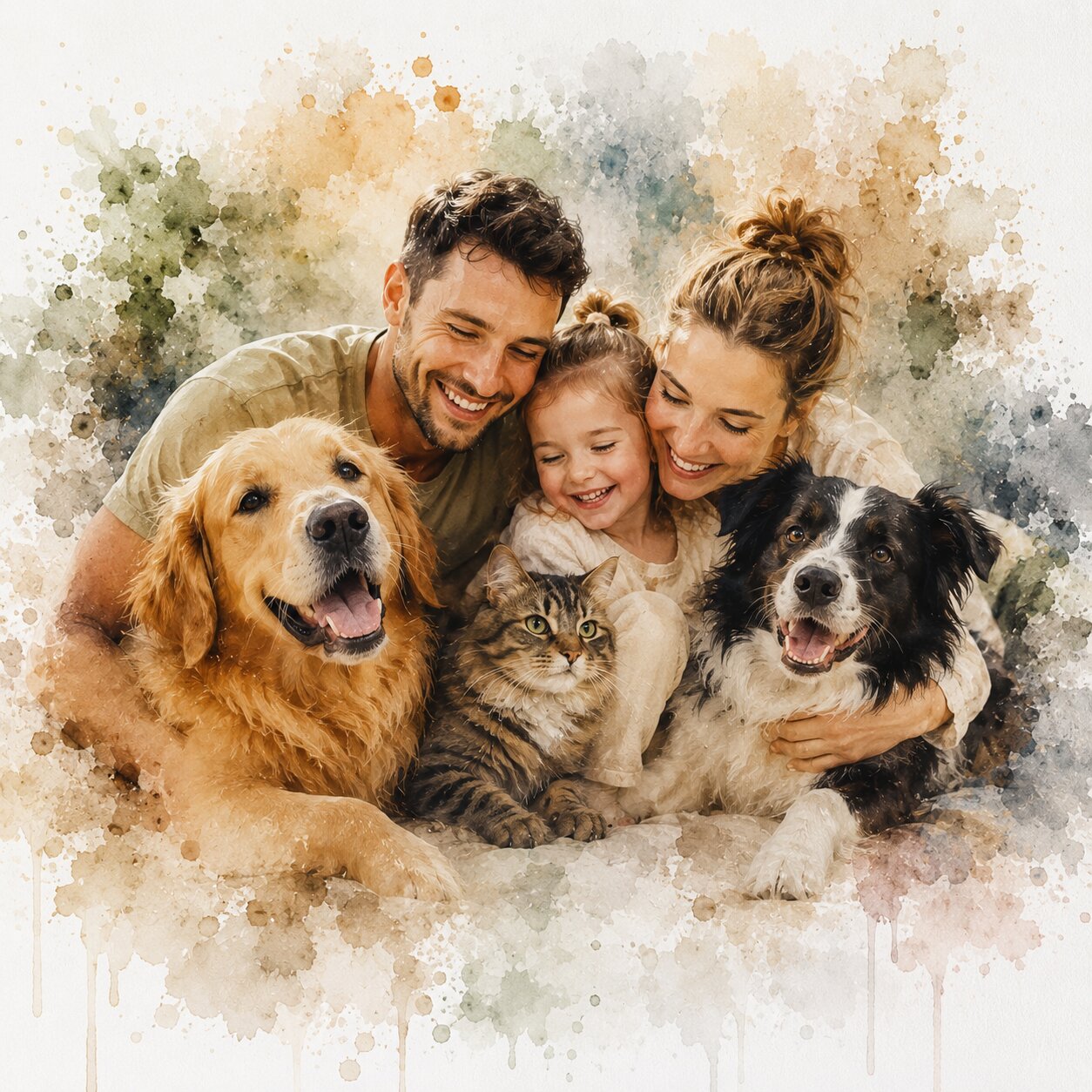 Custom Multi Pet Watercolour Portrait from Photo Personalised Dog and Cat Family Pet Artwork