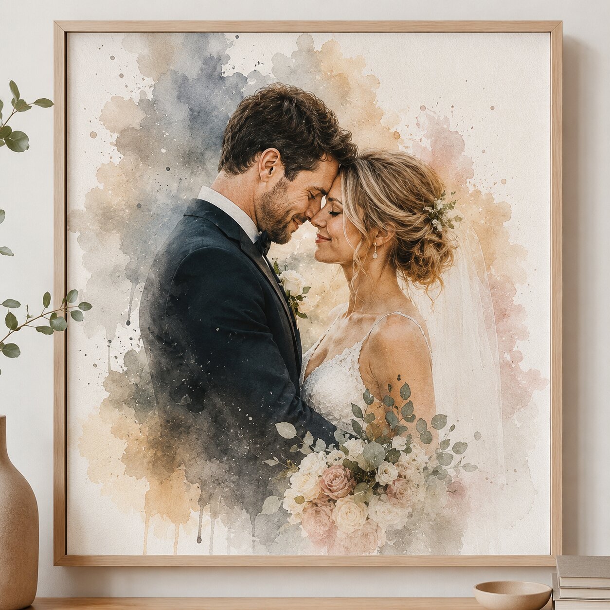 Custom Wedding Photo Wall Art Personalised Watercolour Couple Portrait Anniversary Gift