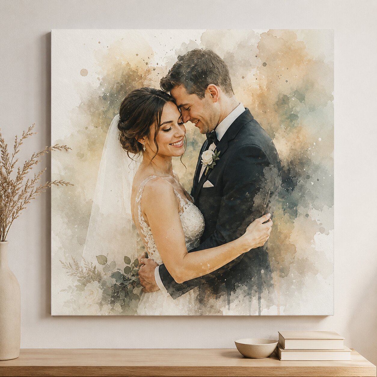 Custom Wedding Photo Wall Art Personalised Watercolour Couple Portrait Anniversary Gift