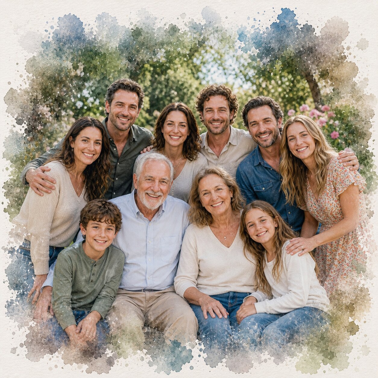 Family Reunion Portrait – Combine Relatives from Different Photos into One Custom Watercolour Artwork