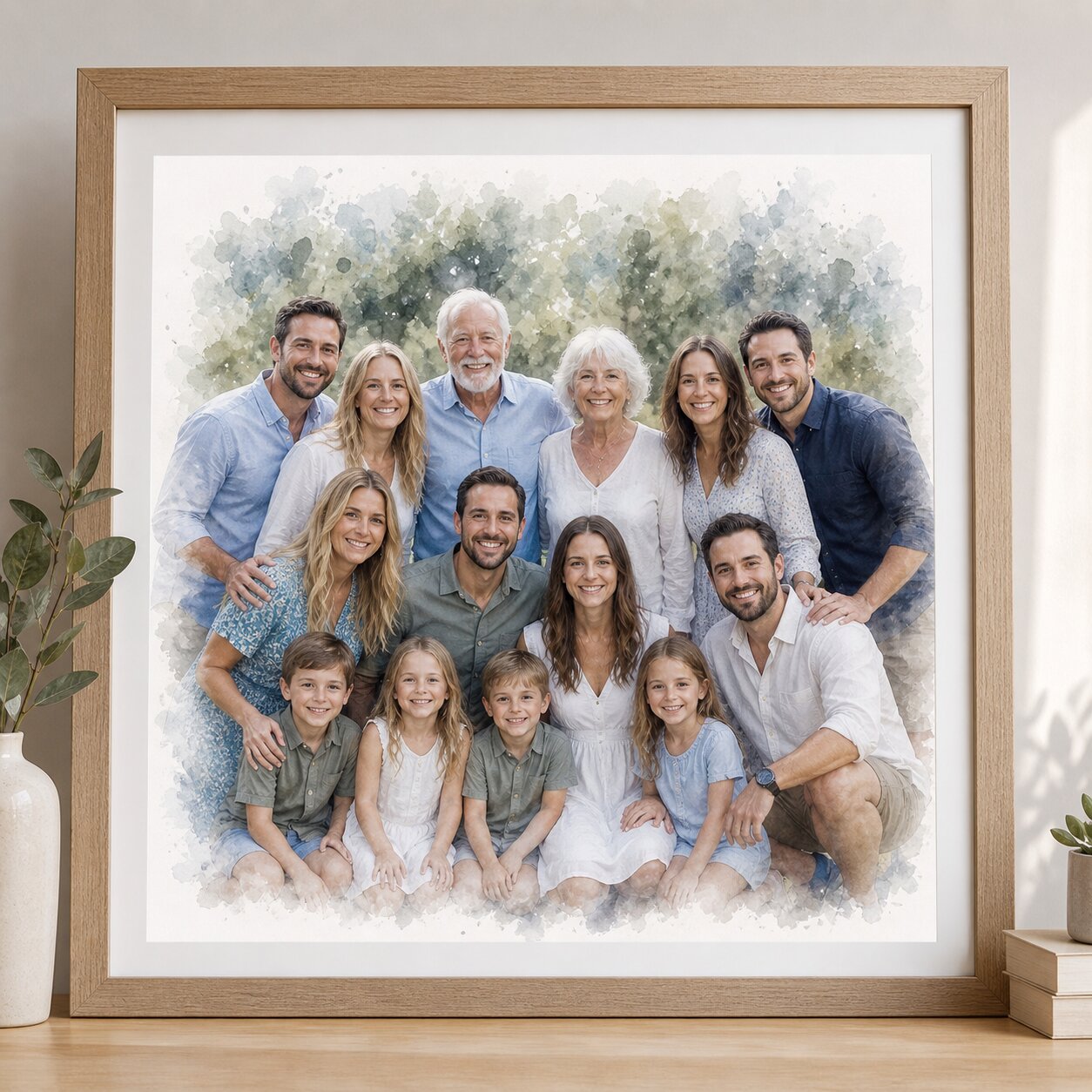 Family Reunion Portrait – Combine Relatives from Different Photos into One Custom Watercolour Artwork