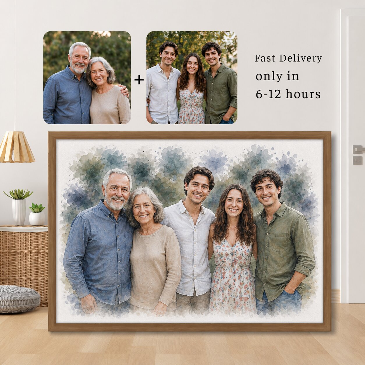 Family Reunion Portrait – Combine Relatives from Different Photos into One Custom Watercolour Artwork