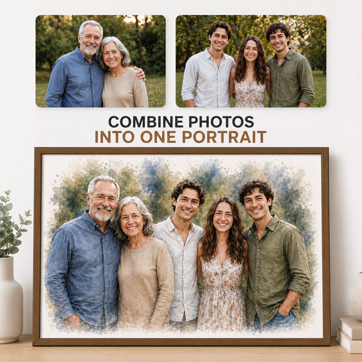 Family Reunion Portrait – Combine Relatives from Different Photos into One Custom Watercolour Artwork
