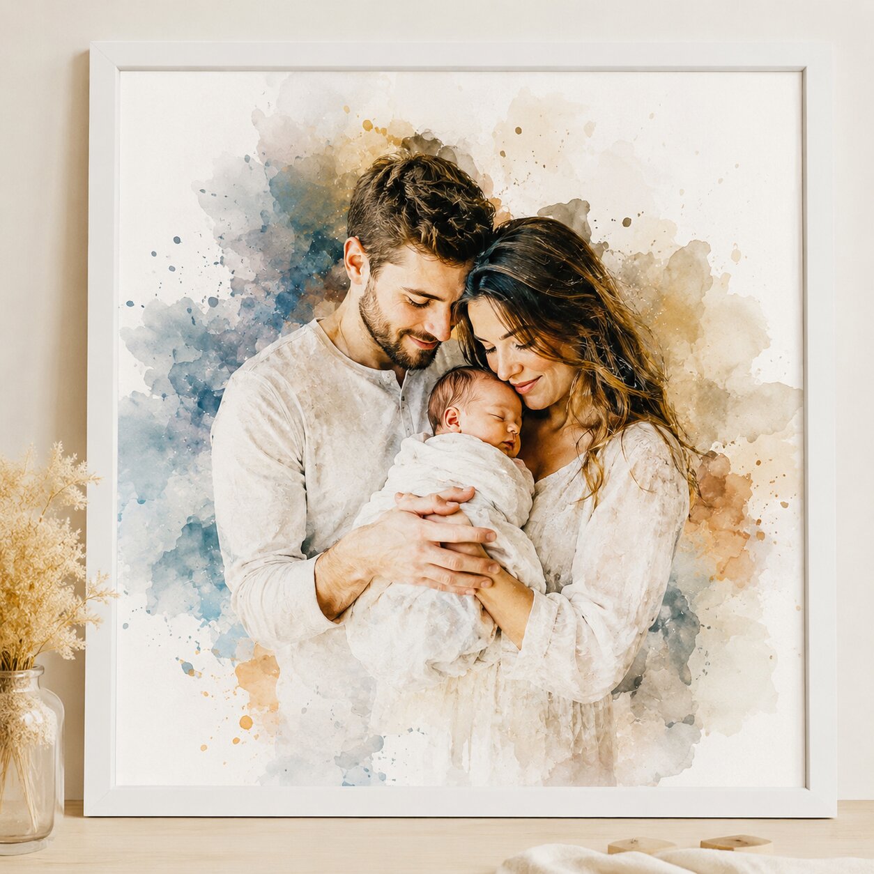 Personalised New Baby Family Portrait Illustration Watercolour Artwork from Photo Newborn Gift