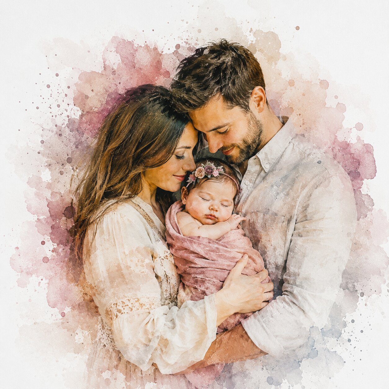 Personalised New Baby Family Portrait Illustration Watercolour Artwork from Photo Newborn Gift