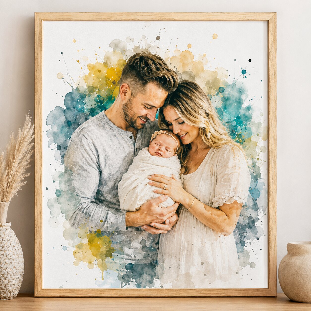 Personalised New Baby Family Portrait Illustration Watercolour Artwork from Photo Newborn Gift