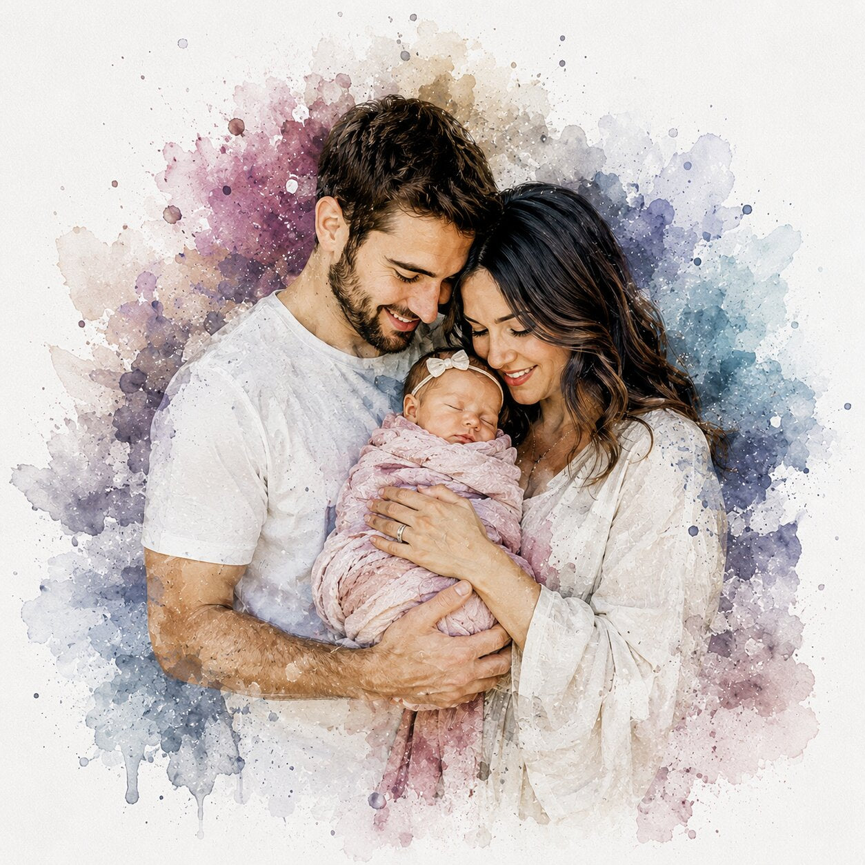 Personalised New Baby Family Portrait Illustration Watercolour Artwork from Photo Newborn Gift