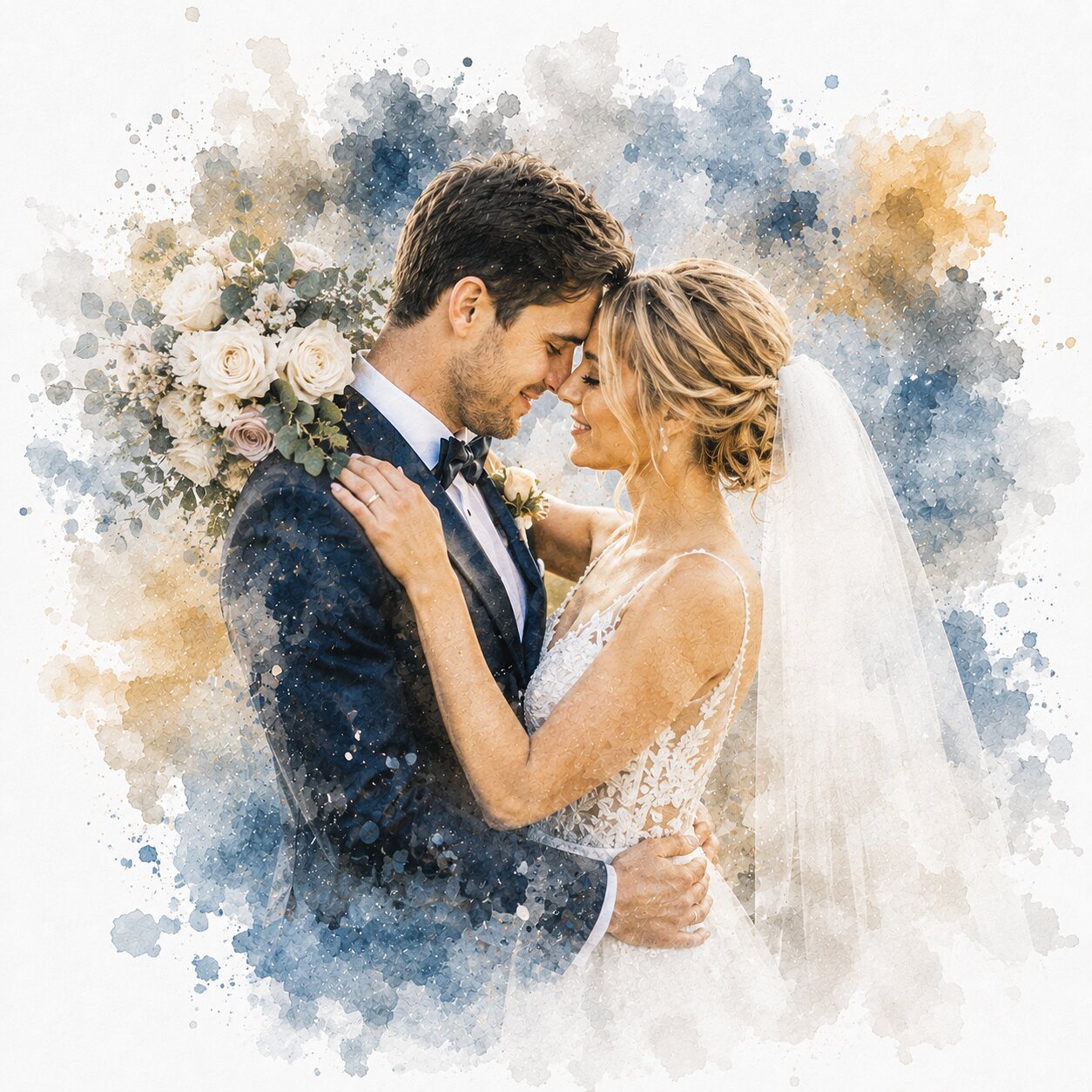 Wedding Day Watercolour Portrait from Photo Personalised Bride and Groom Wall Art Gift