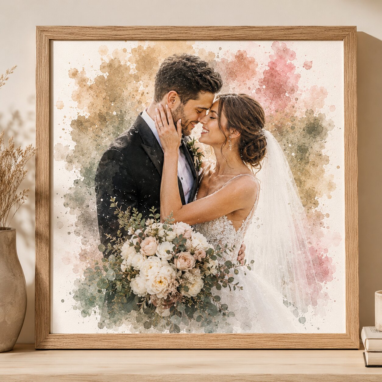 Wedding Day Watercolour Portrait from Photo Personalised Bride and Groom Wall Art Gift
