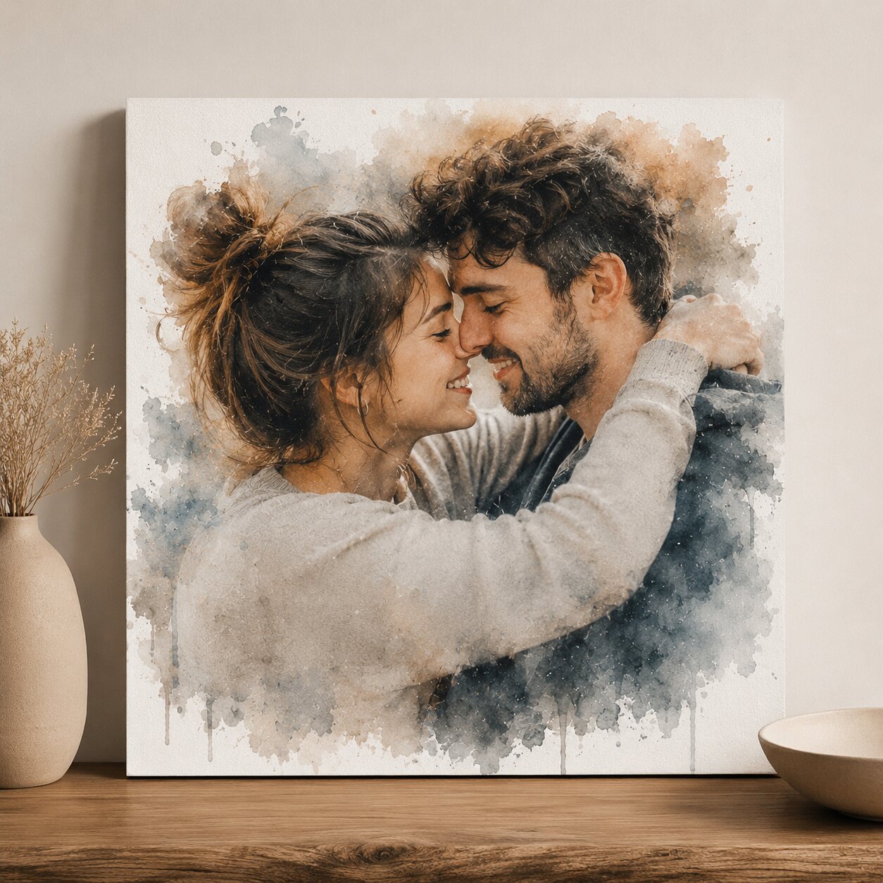 Long Distance Couple Portrait from Photo Personalised Romantic Watercolour Relationship Gift