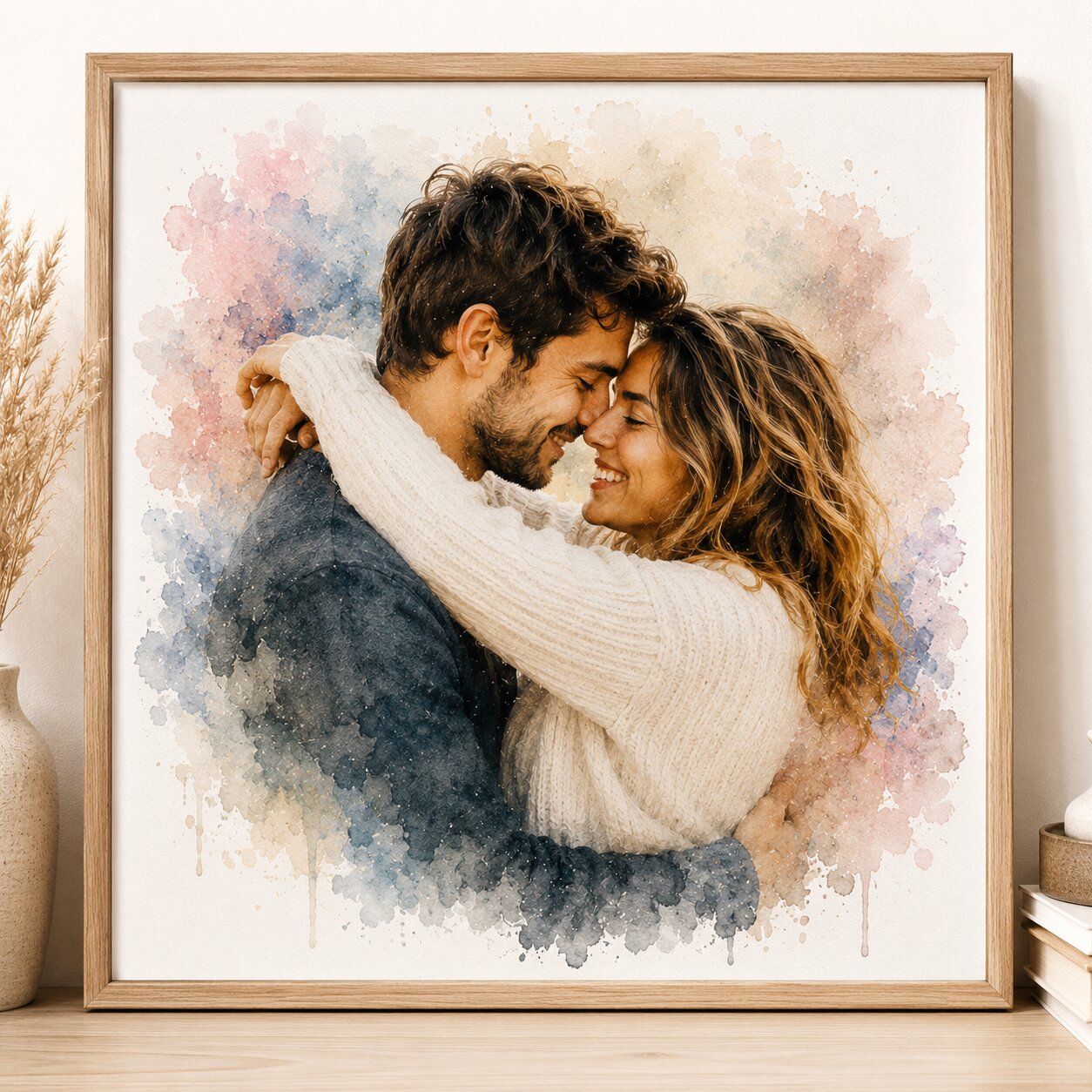 Long Distance Couple Portrait from Photo Personalised Romantic Watercolour Relationship Gift