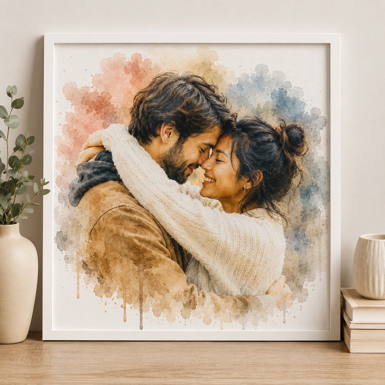 Long Distance Couple Portrait from Photo Personalised Romantic Watercolour Relationship Gift