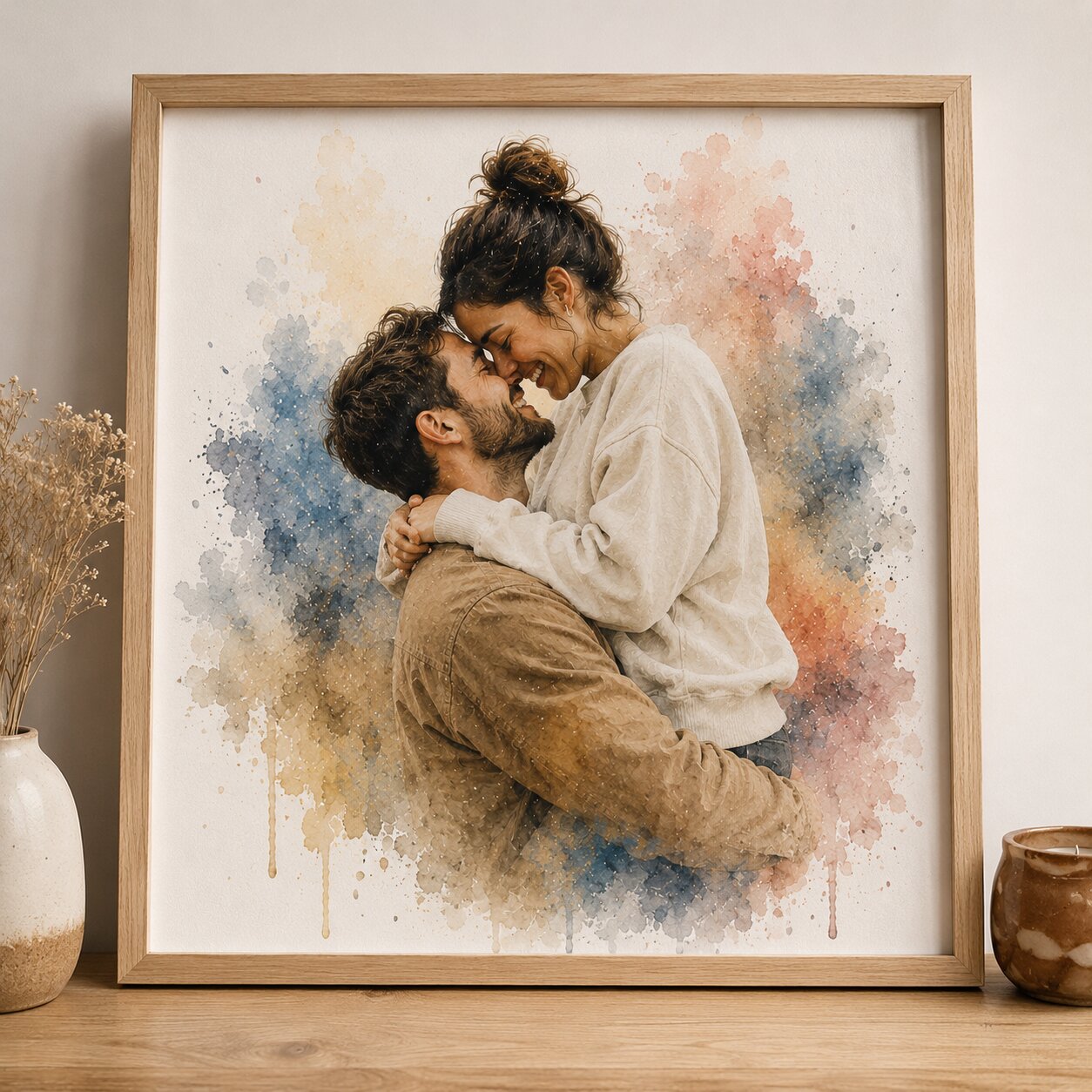 Long Distance Couple Portrait from Photo Personalised Romantic Watercolour Relationship Gift