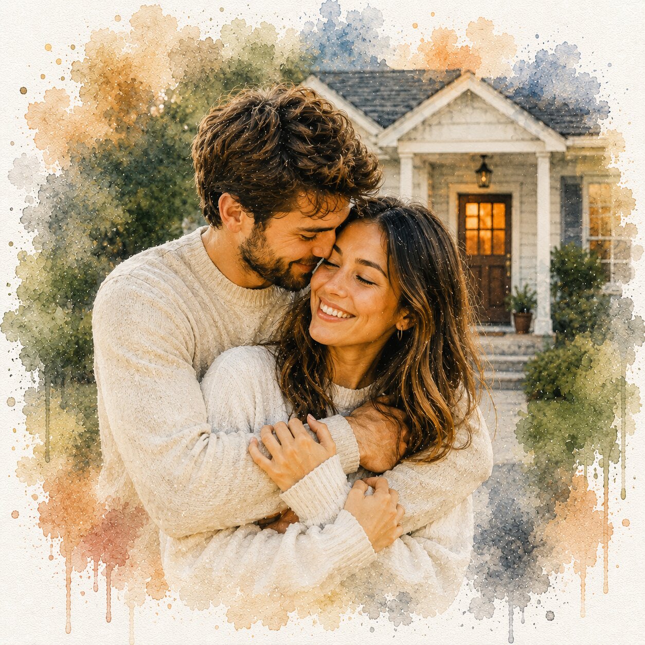 First Home Couple Portrait Personalised Watercolour New Home Wall Art from Photo