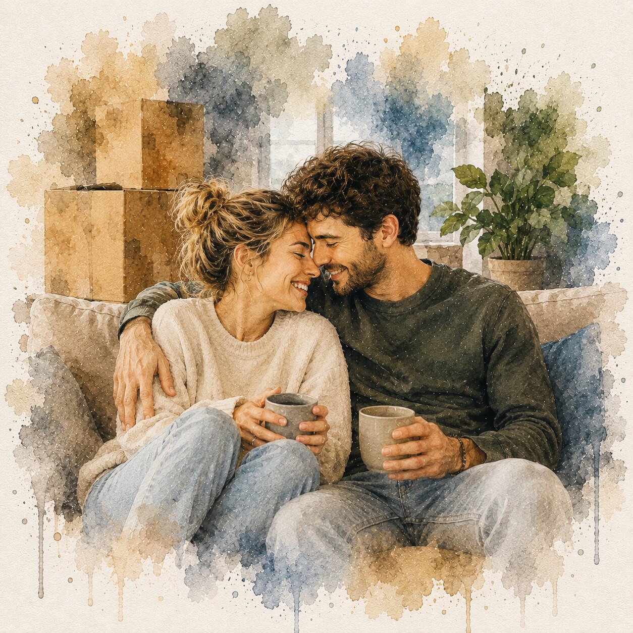 First Home Couple Portrait Personalised Watercolour New Home Wall Art from Photo