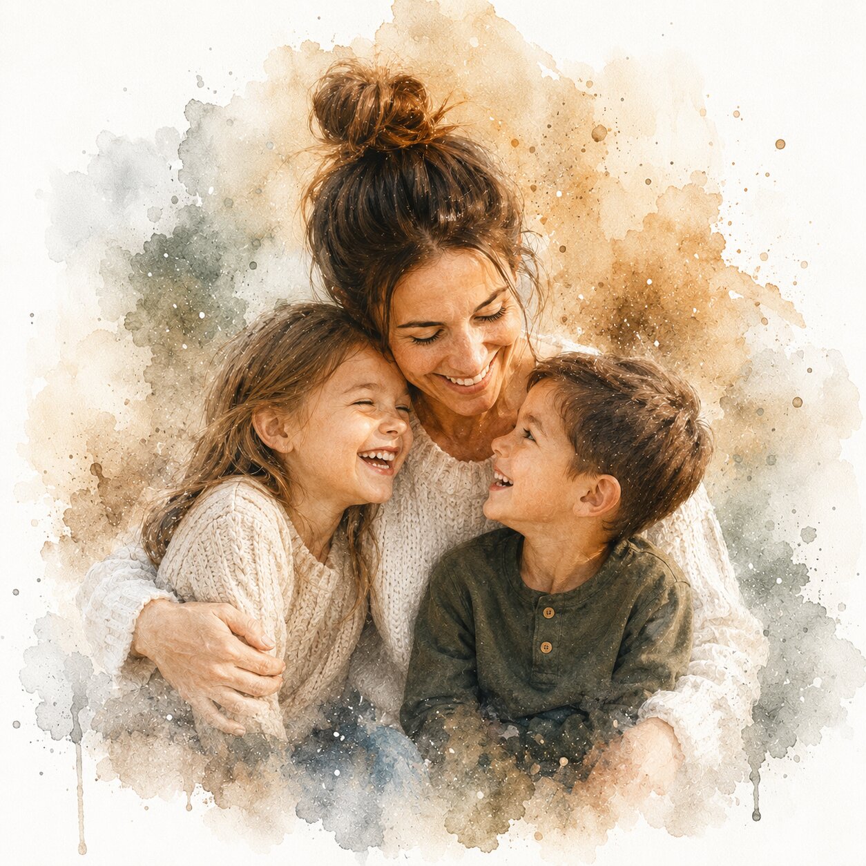 Single Parent Family Portrait Personalised Watercolour Artwork from Photo for Mum or Dad
