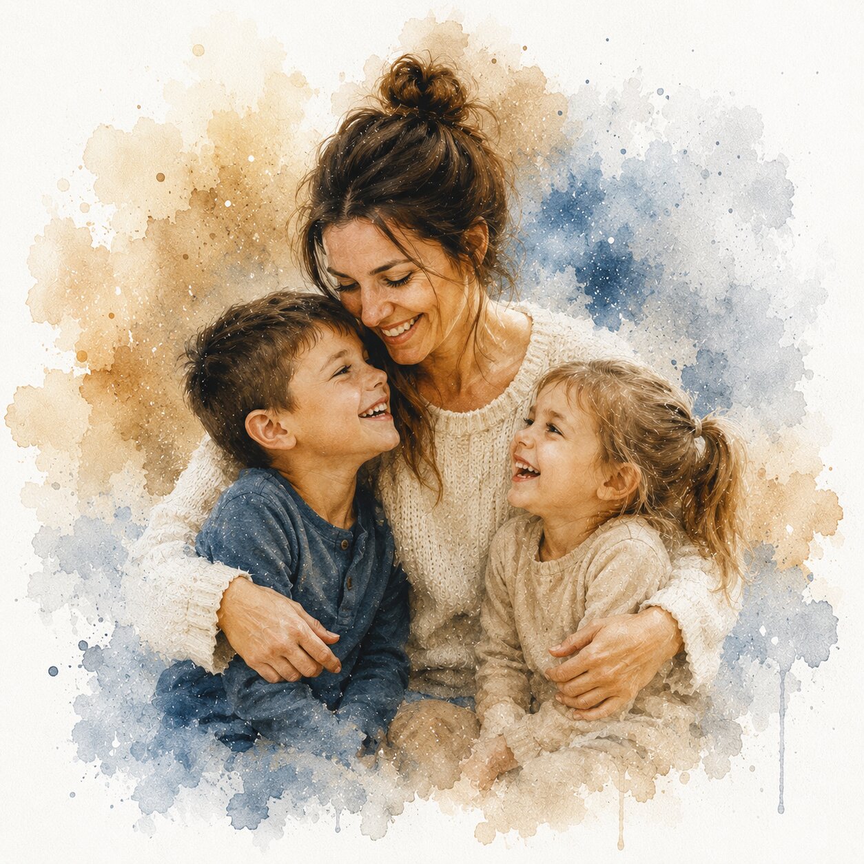 Single Parent Family Portrait Personalised Watercolour Artwork from Photo for Mum or Dad