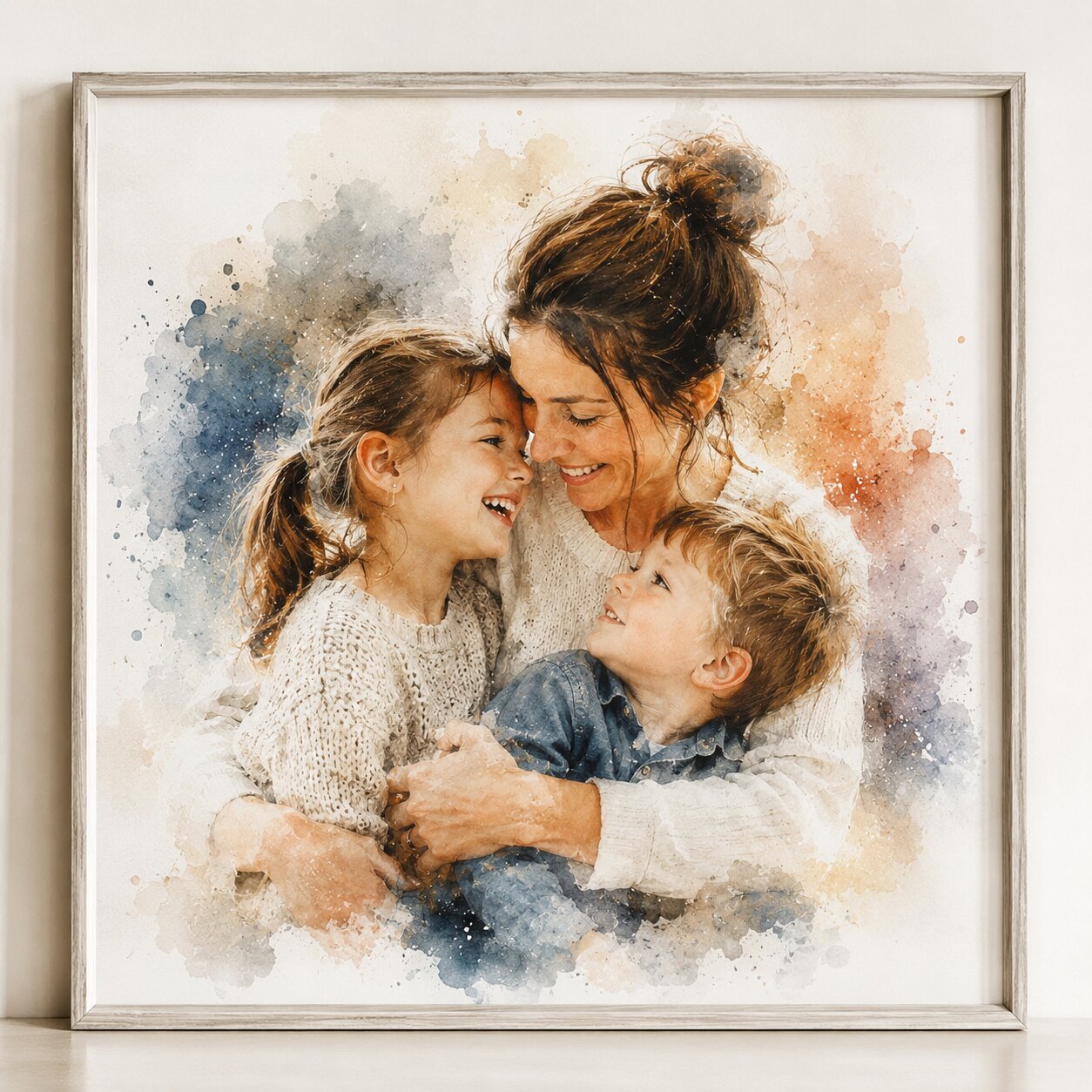 Single Parent Family Portrait Personalised Watercolour Artwork from Photo for Mum or Dad