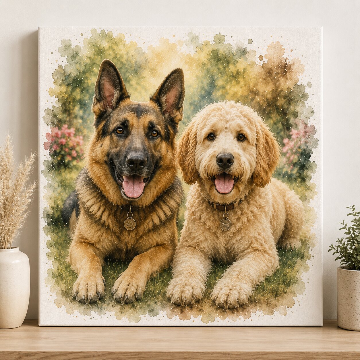 Two Dogs Custom Watercolour Portrait from Photo Personalised Double Dog Artwork Gift
