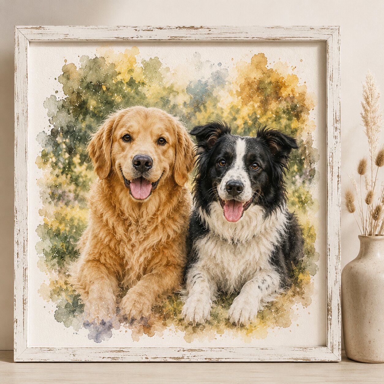 Two Dogs Custom Watercolour Portrait from Photo Personalised Double Dog Artwork Gift