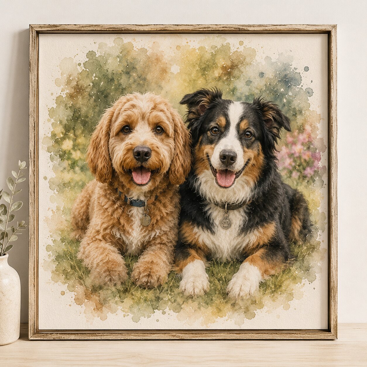 Two Dogs Custom Watercolour Portrait from Photo Personalised Double Dog Artwork Gift