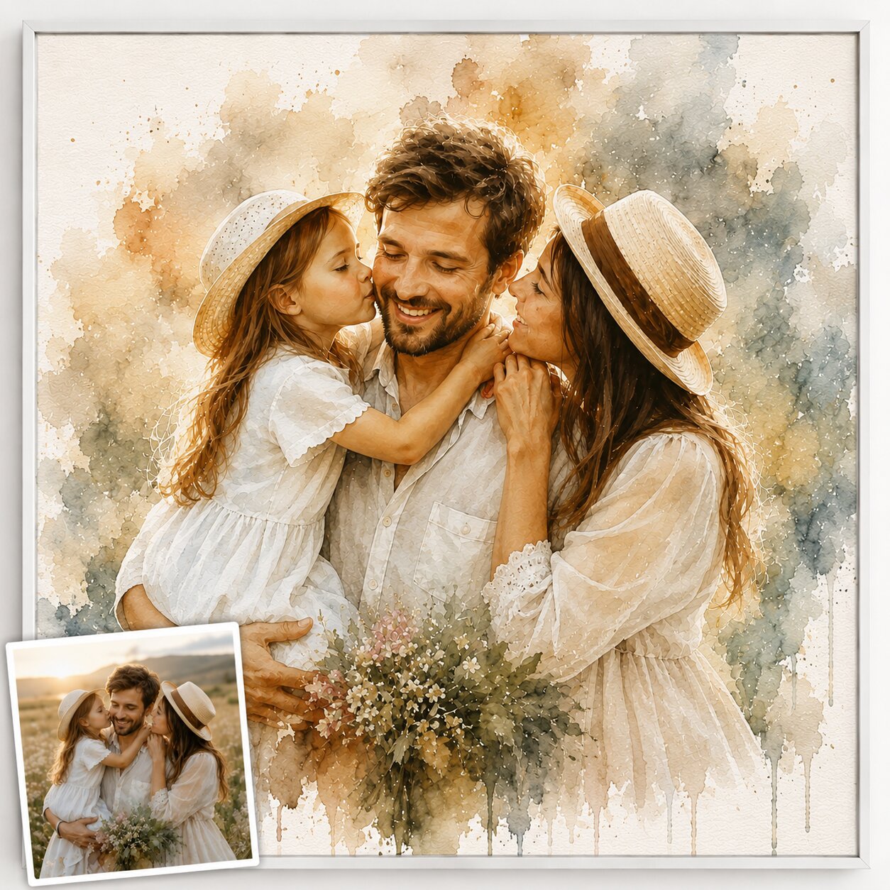 Father's Day Watercolour Portrait - Personalised Dad & Kids Art from Photo