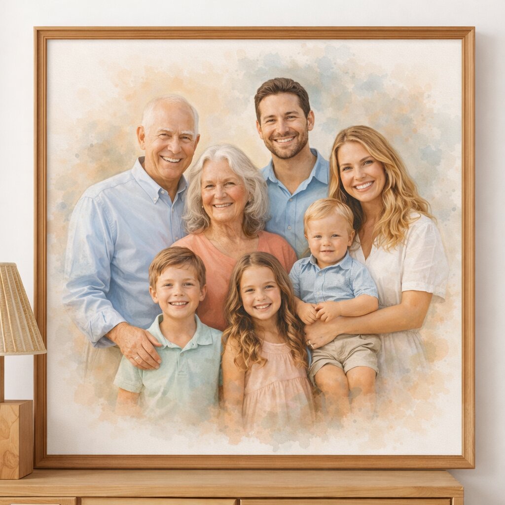 Bring Loved Ones Together Portrait – Even If They Never Met, Custom Watercolour Family Artwork from Photo