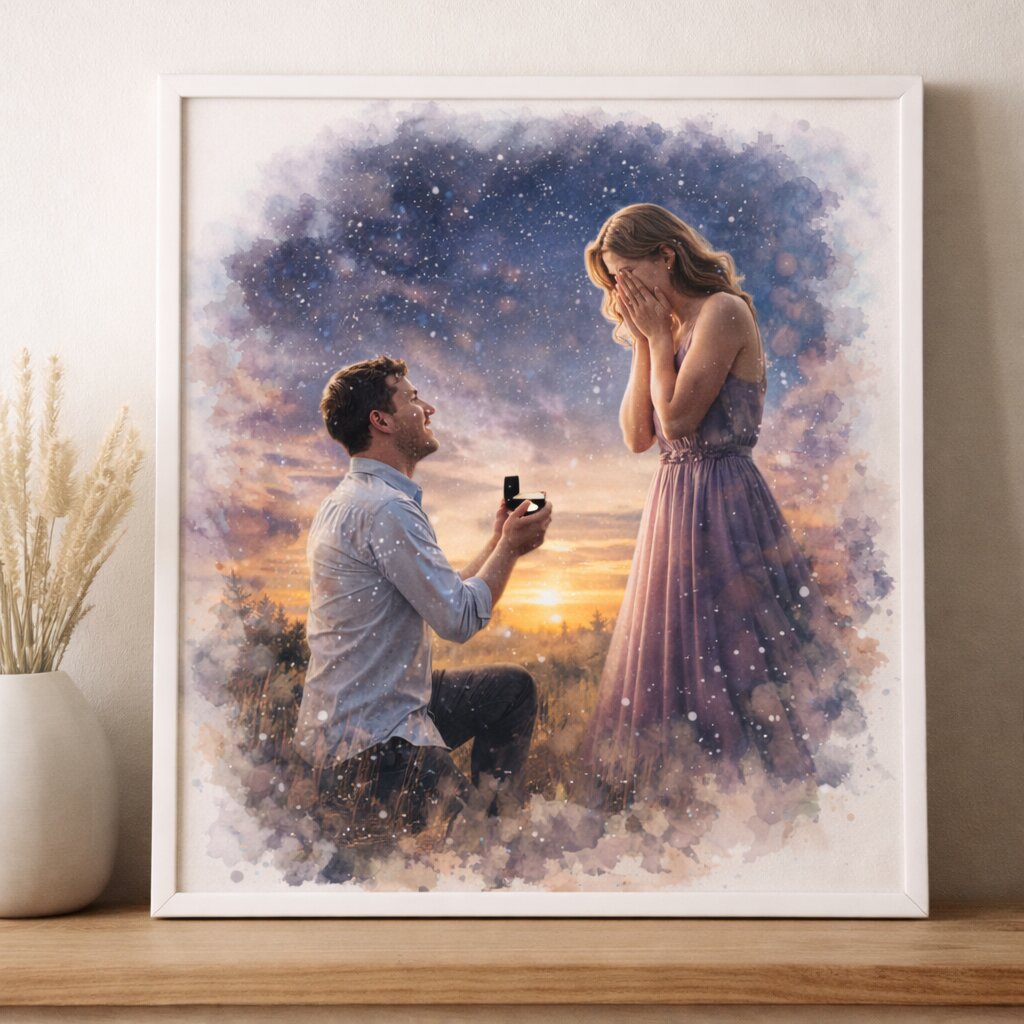 Custom Watercolour Portrait – Personalised Couple Watercolour Artwork of Special Date and Location