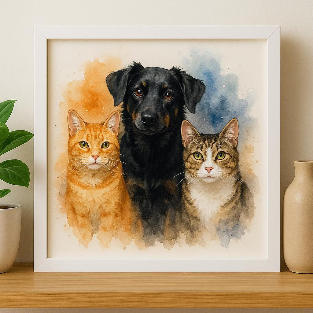 Custom Pet Family Watercolor Portrait – Unique Fur Illustration