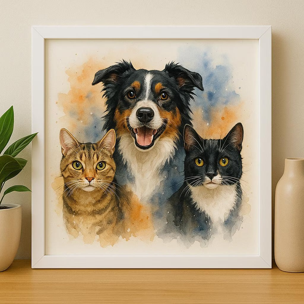 Custom Pet Family Watercolor Portrait – Unique Fur Illustration