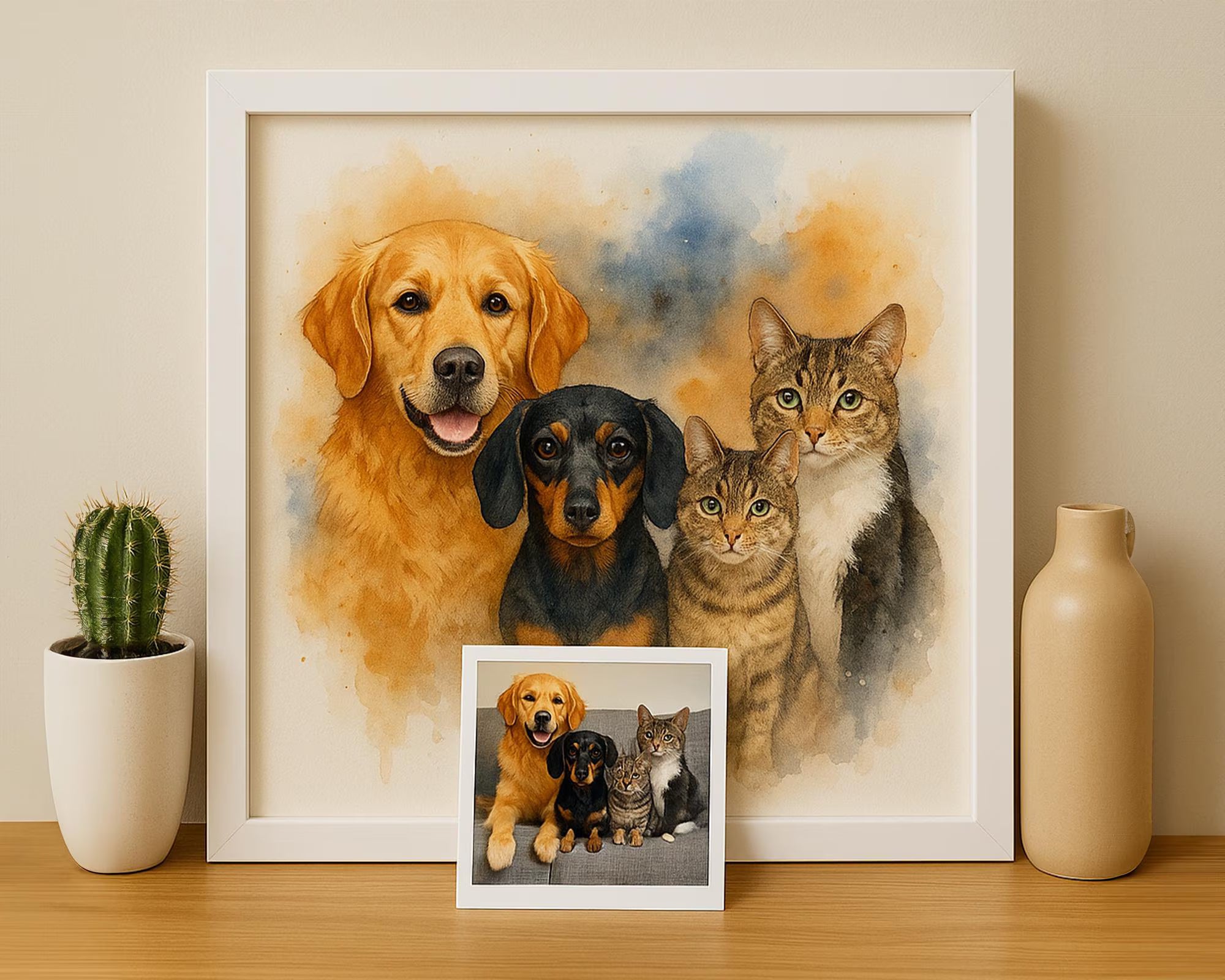 Custom Pet Family Watercolor Portrait – Unique Fur Illustration